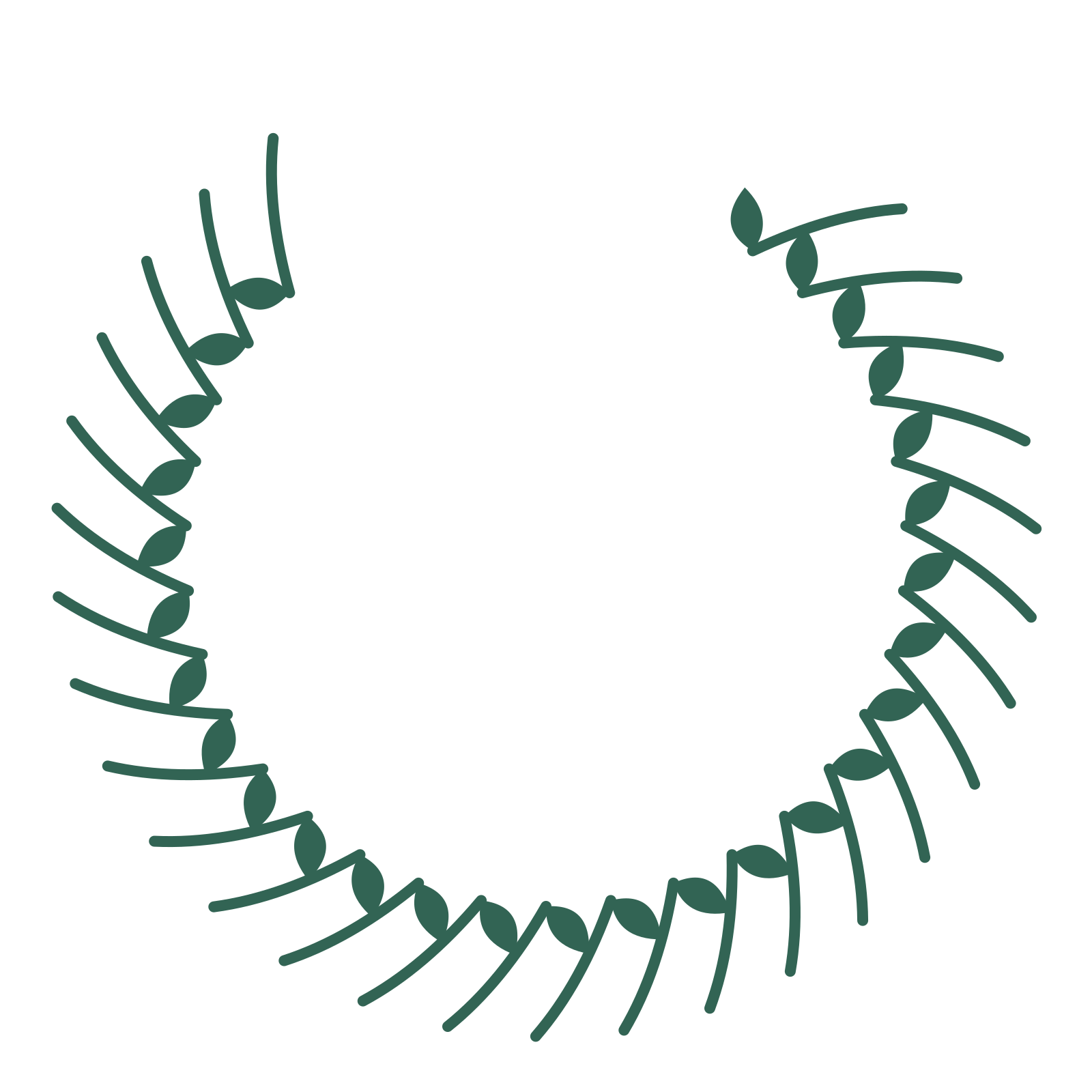 A open top laurel wreath made from 28 leafy motifs around an empty centre.