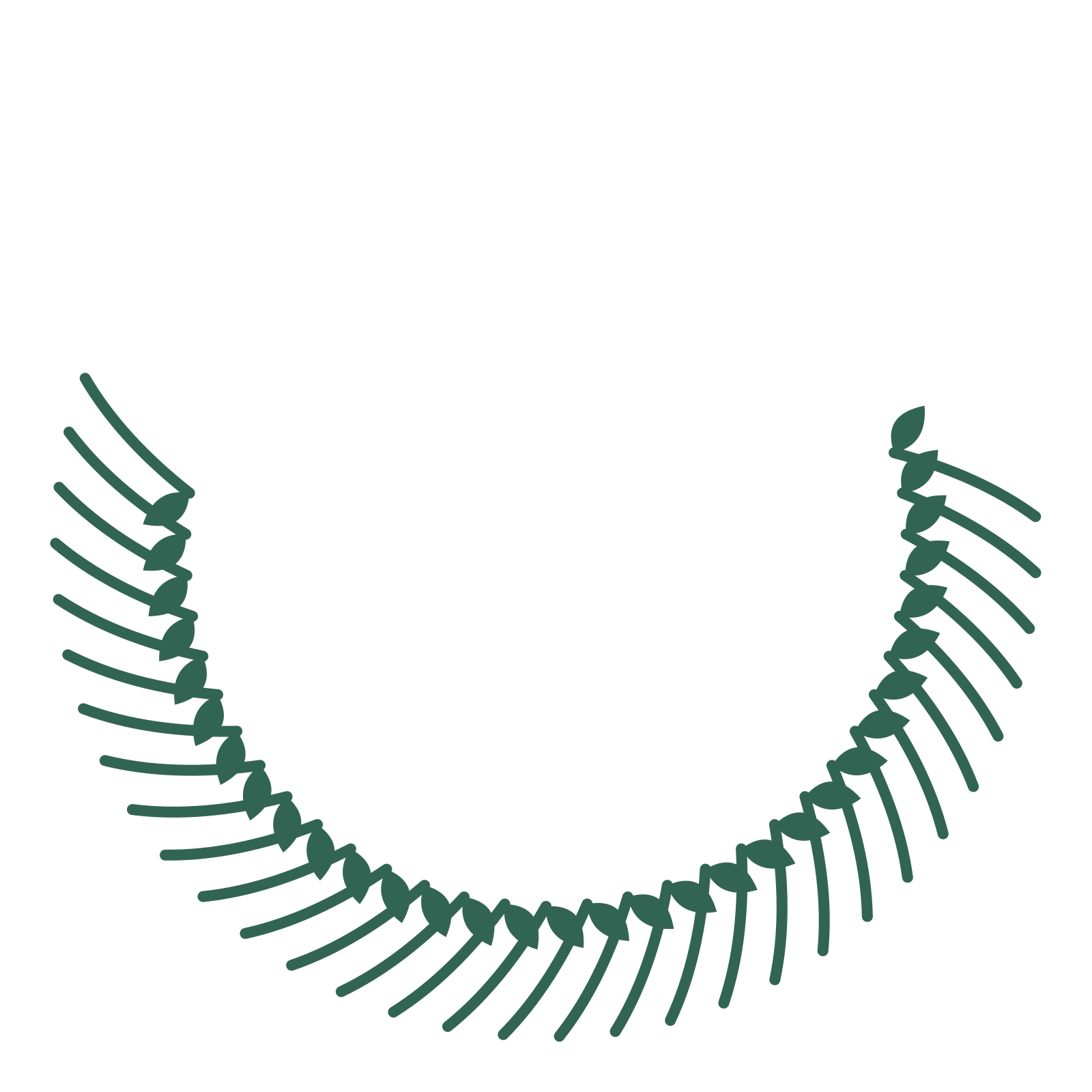 A crescent laurel wreath made from 32 leafy motifs around an empty centre.