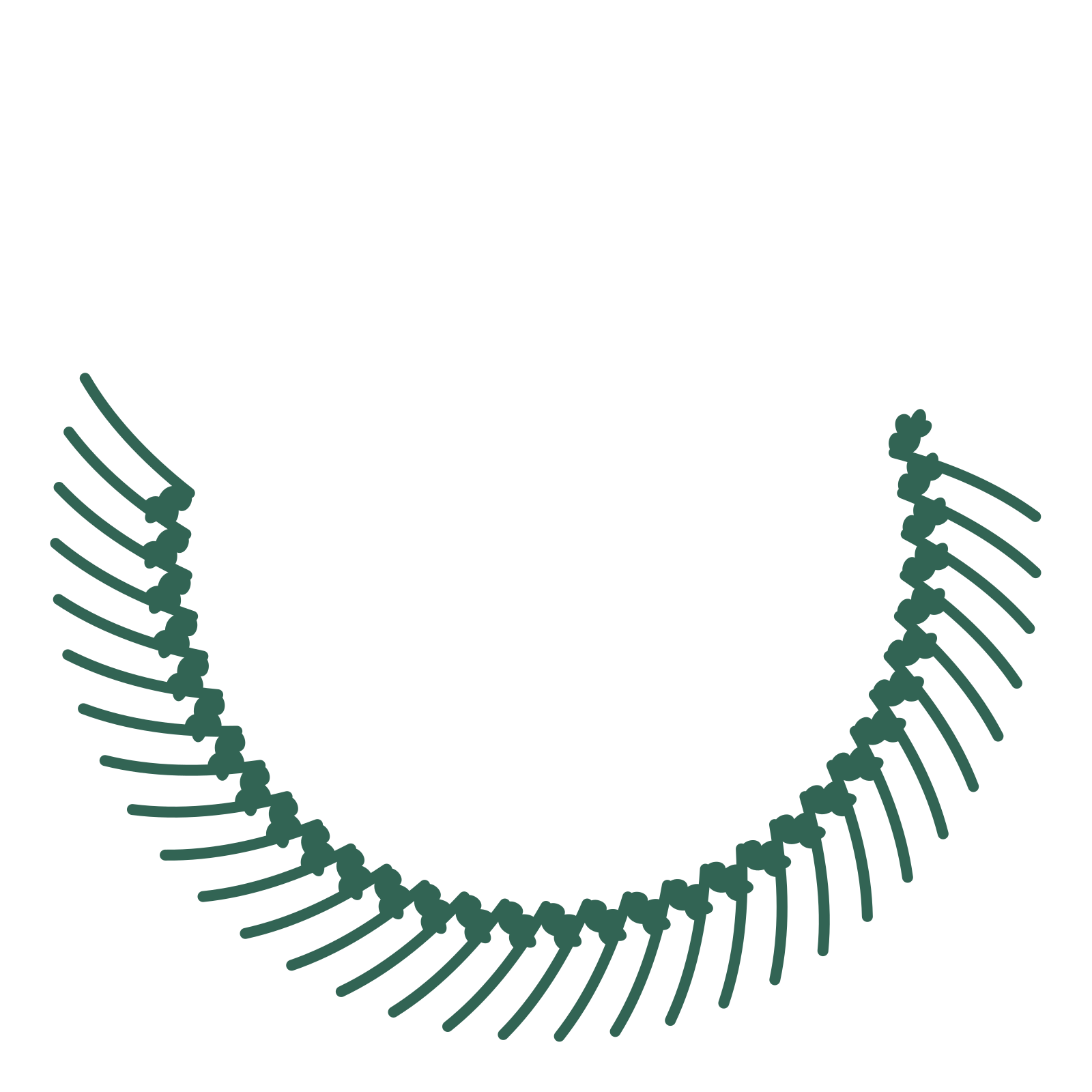 A crescent oak wreath made from 32 leafy motifs around an empty centre.