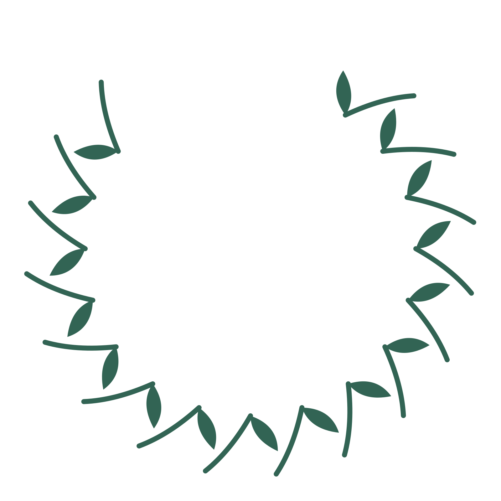 A open top olive wreath made from 16 leafy motifs around an empty centre.