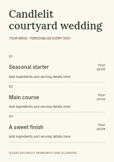 Candlelit courtyard wedding menu template · Structured menus