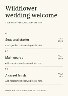 Wildflower wedding welcome menu template · Structured menus