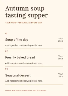 Autumn soup tasting supper menu template · Structured menus