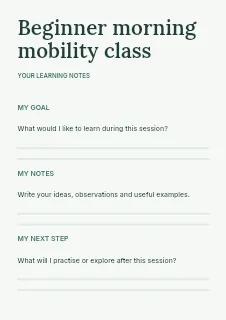 Beginner morning mobility class worksheet template · Structured worksheets