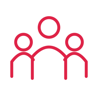 Three simple human figures form a group with one taller person in the centre.