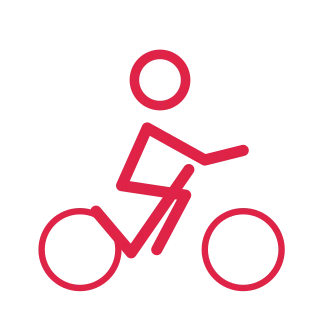 A simple faceless line figure is shown cycling, with a circular head and clearly separated limbs.
