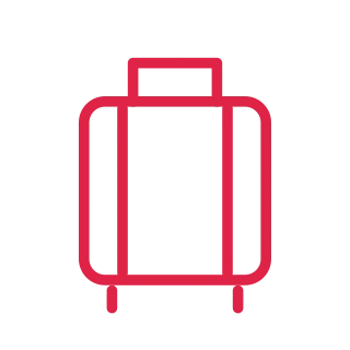 A standing suitcase has a rectangular handle, twin straps and two small feet.