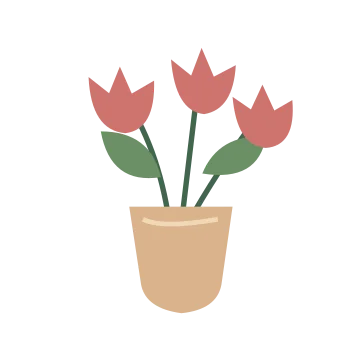 Tulips in a ceramic vase in a balanced, multicolour illustration with a transparent background.