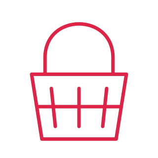 An open woven basket has a high arched handle and a tapered grid base.