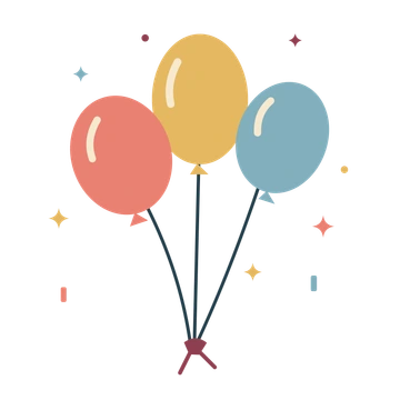 Three softly shaped gold, coral and blue balloons tied with a burgundy ribbon, surrounded by a few bright confetti accents.