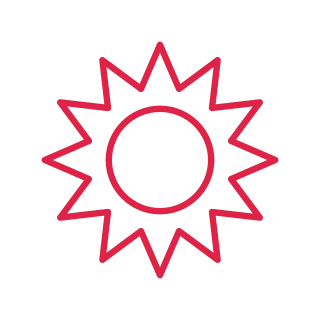 A double radial badge has 12 evenly spaced outward points and an inner circular ring.