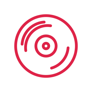 A circular vinyl record has a central label and short curved groove marks.