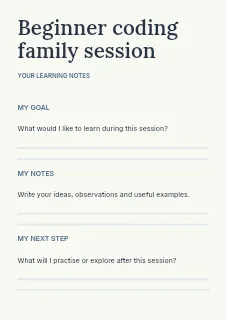 Beginner coding family session worksheet template · Structured worksheets