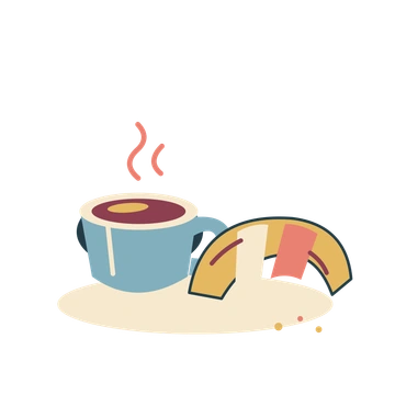 A blue porcelain coffee cup beside a golden croissant, with warm steam and a soft cream grounding shape.