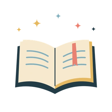 An open cream-coloured book with carefully curved pages, blue reading lines, a coral ribbon bookmark and floating stars.