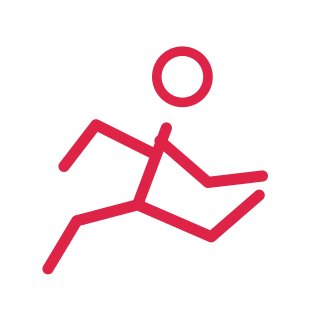 A simple faceless line figure is shown running, with a circular head and clearly separated limbs.