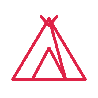 A triangular tent has a small doorway and crossed poles at the top.