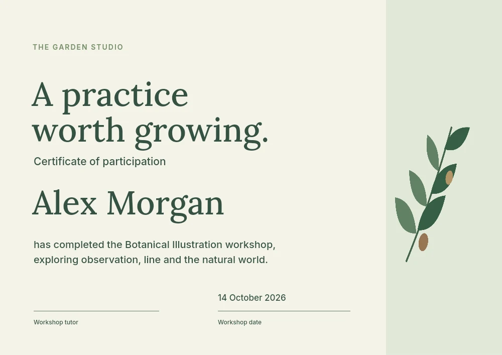 Botanical workshop certificate template