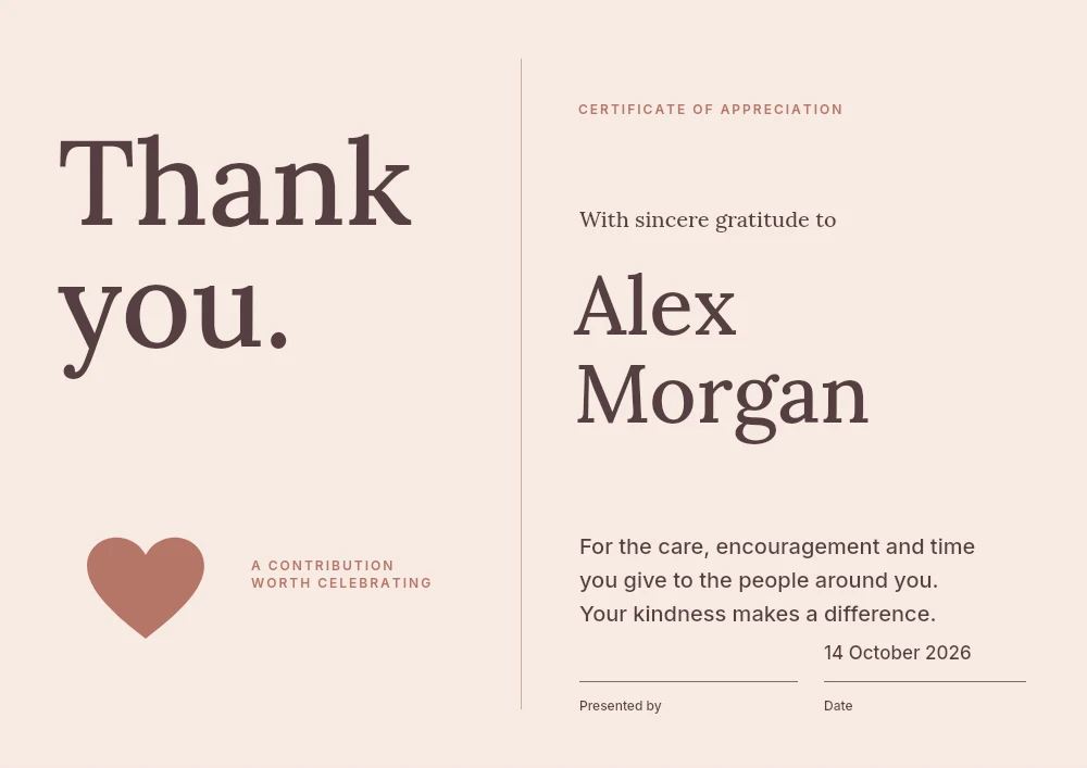 Heartfelt appreciation certificate template