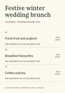 Festive winter wedding brunch menu template · Structured menus