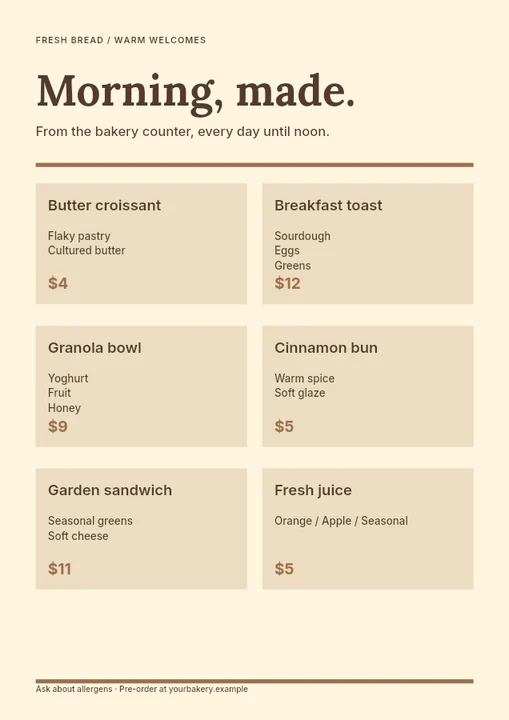 Bakery breakfast menu template