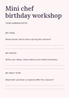 Mini chef birthday workshop worksheet template · Structured worksheets