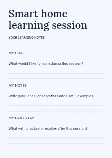 Smart home learning session worksheet template · Structured worksheets