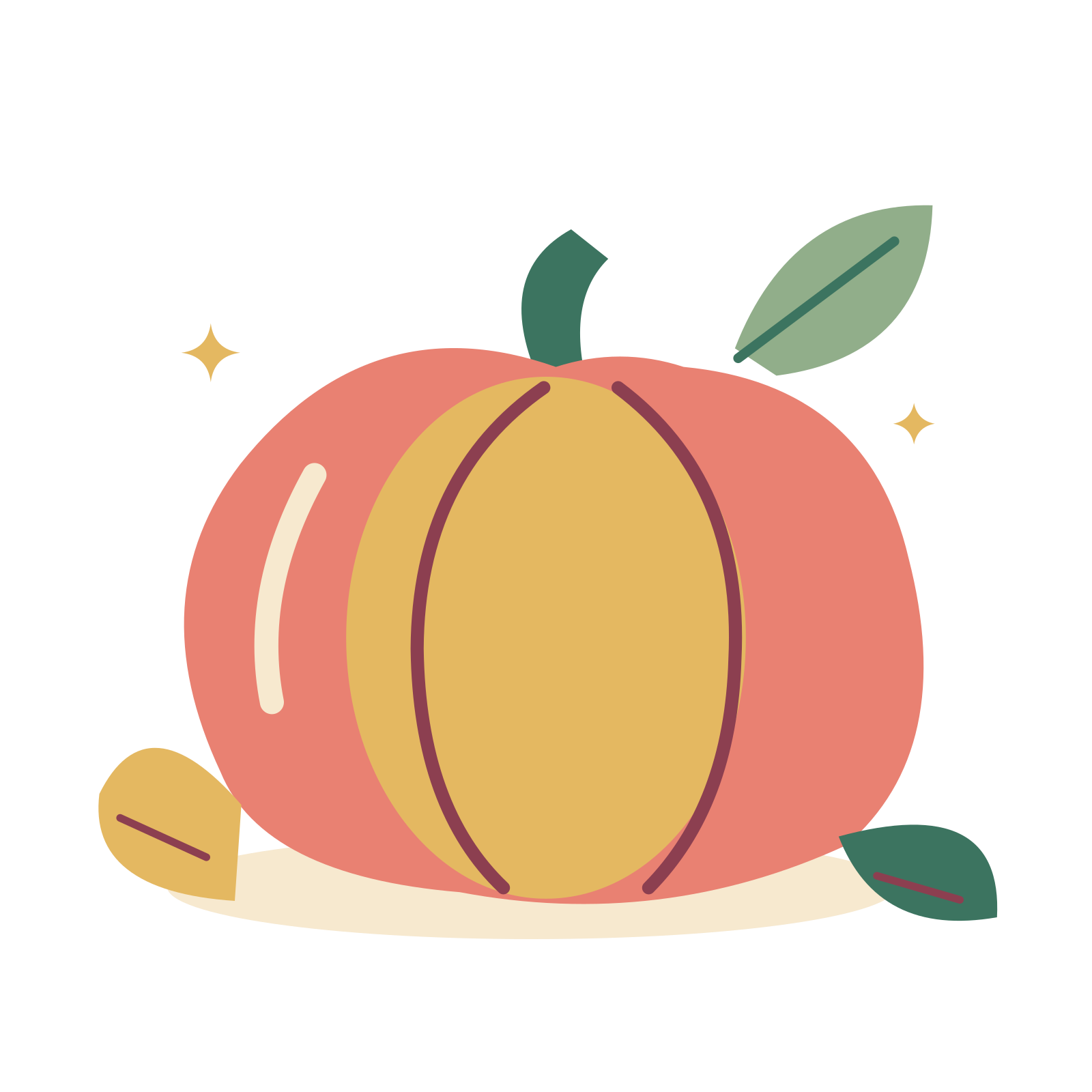 A generous coral and gold pumpkin with a curved green stem, autumn leaves and small golden sparkles.