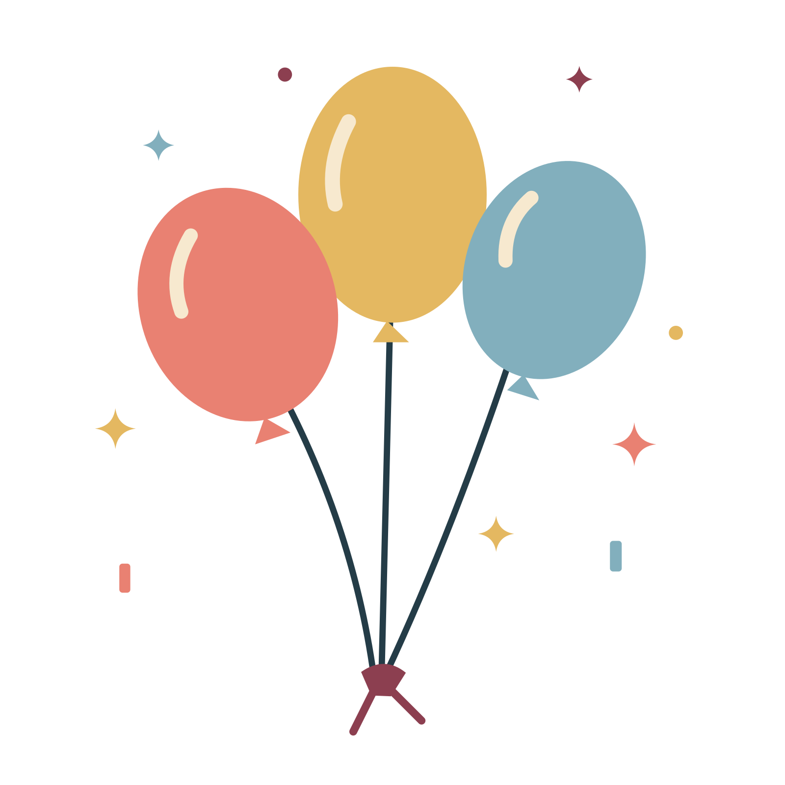 Three softly shaped gold, coral and blue balloons tied with a burgundy ribbon, surrounded by a few bright confetti accents.