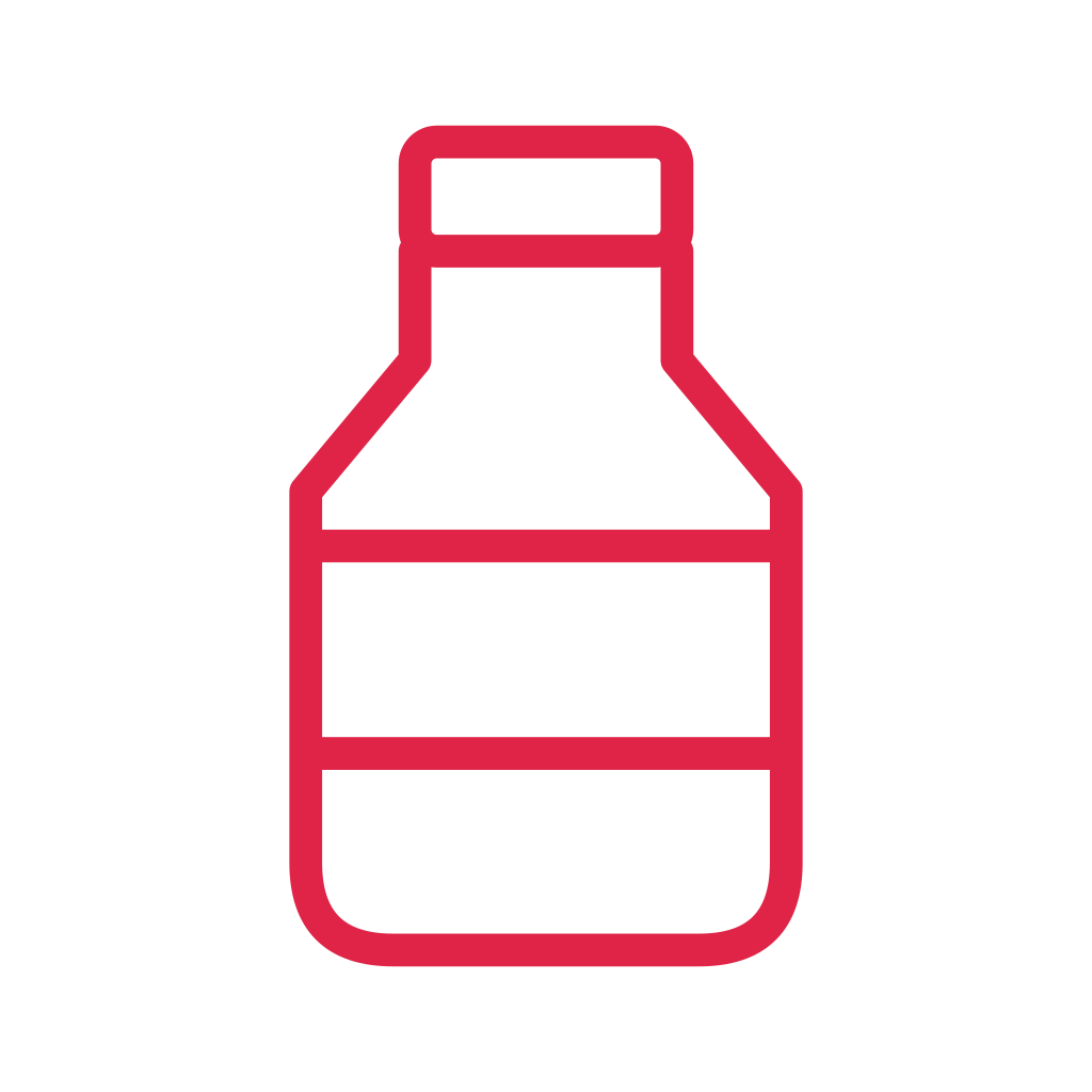 A reusable bottle has sloping shoulders, a small cap and two horizontal bands.