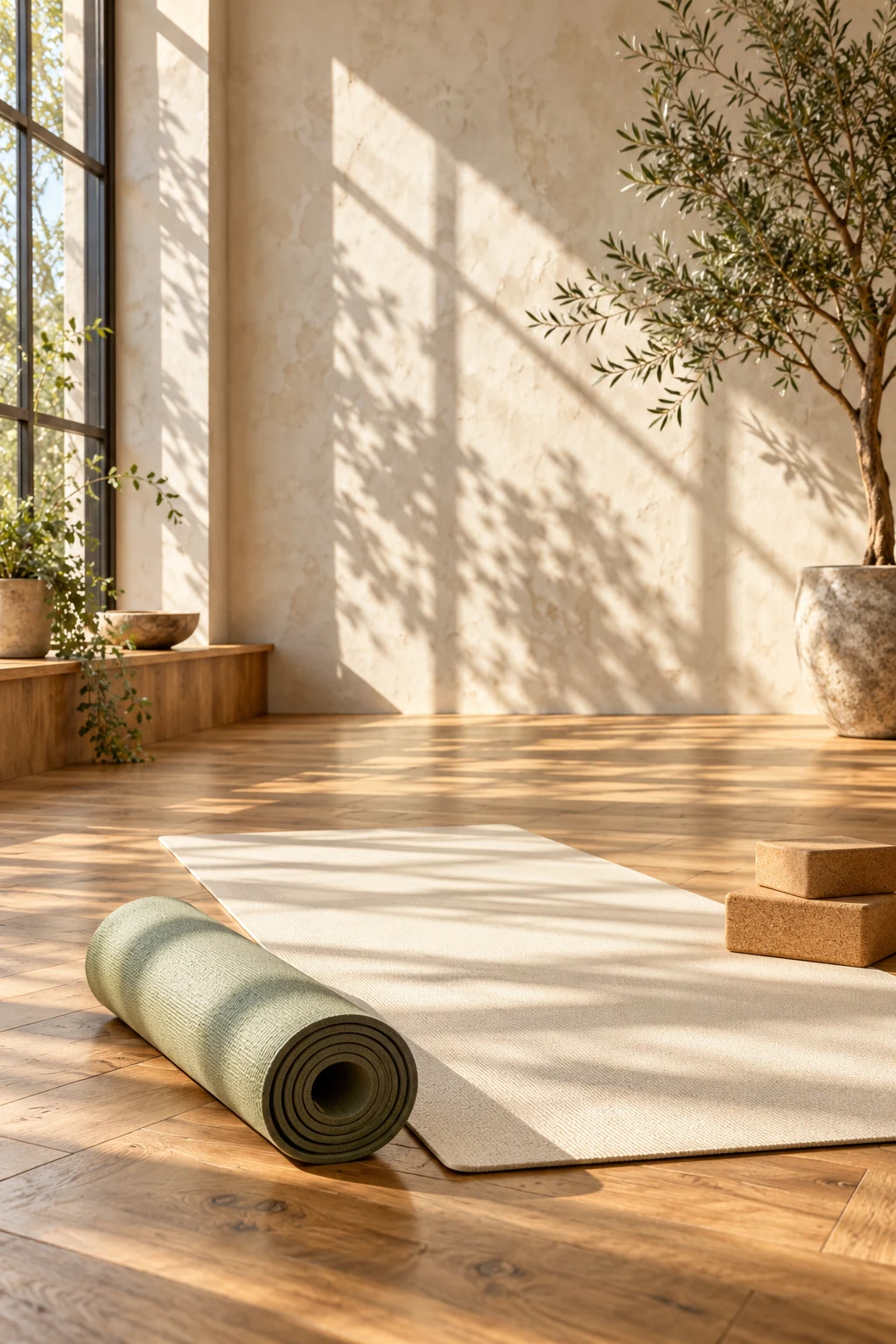 A rolled green yoga mat and wooden blocks on the floor of a sunlit neutral studio.