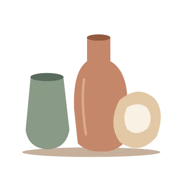 Ceramic forms study in a balanced, multicolour illustration with a transparent background.