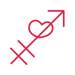 A diagonal arrow passes through a small outlined heart with two tail feathers.