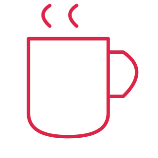 A rounded coffee mug has an open handle and two short rising steam curls.