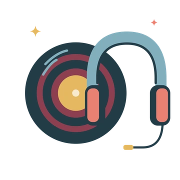 A navy vinyl record with burgundy grooves and a golden centre beside blue headphones with coral ear cushions.