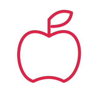 A rounded apple outline has a short stem and one pointed leaf.