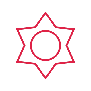 A double radial badge has 6 evenly spaced outward points and an inner circular ring.