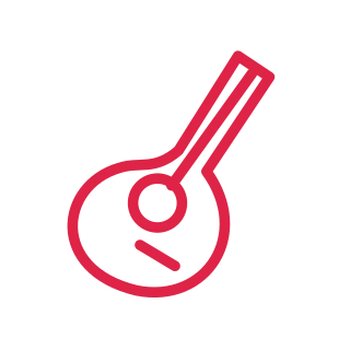 A diagonal acoustic guitar has a rounded body, sound hole and narrow neck.
