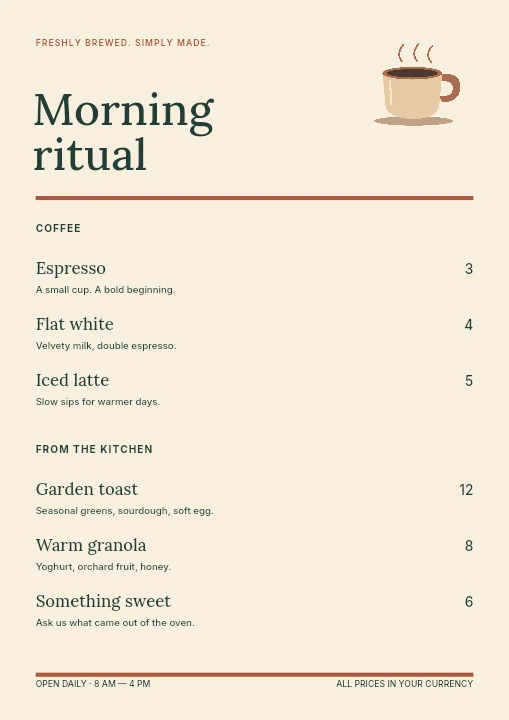 Morning ritual menu template · Cafe menu