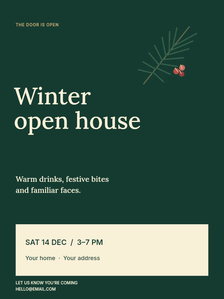 Winter open house invitation template · Holiday invitation