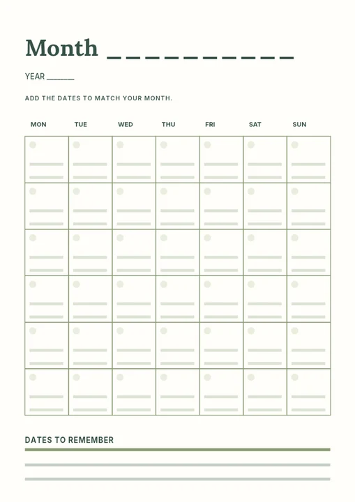 Undated monthly calendar planner template