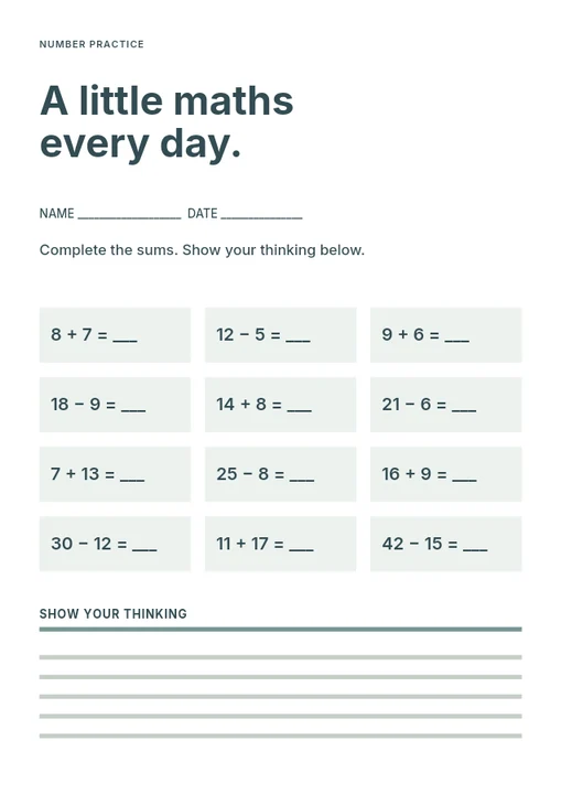 Addition and subtraction practice worksheet template