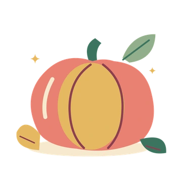 A generous coral and gold pumpkin with a curved green stem, autumn leaves and small golden sparkles.