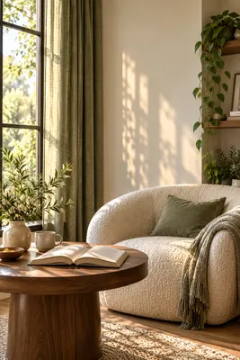 An open book on a round wooden table beside a cream armchair and a sunlit window.