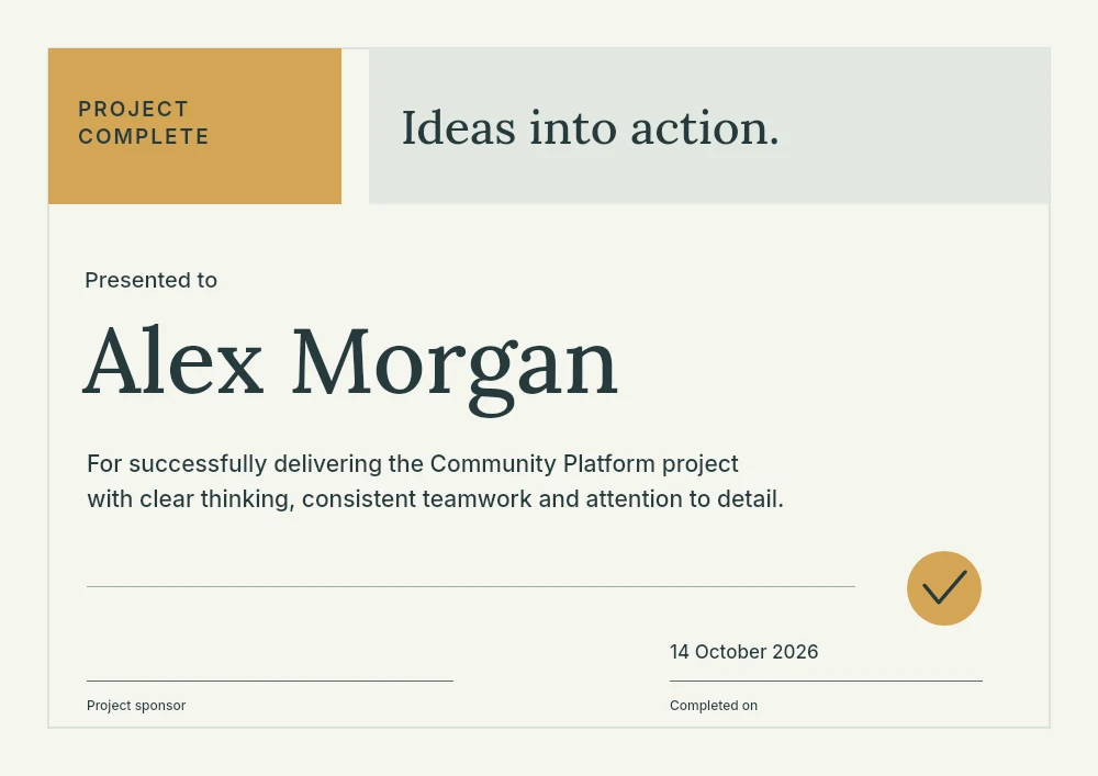 Project delivery achievement certificate template