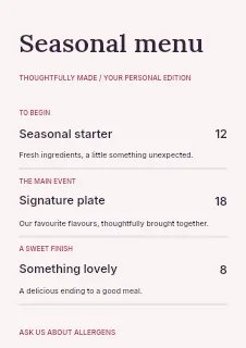 Creative evening meetup menu template · Structured menus