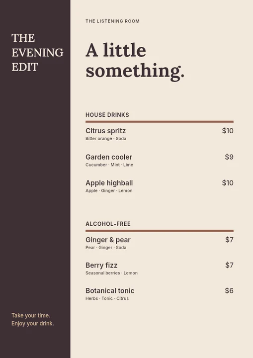 Evening drinks menu template