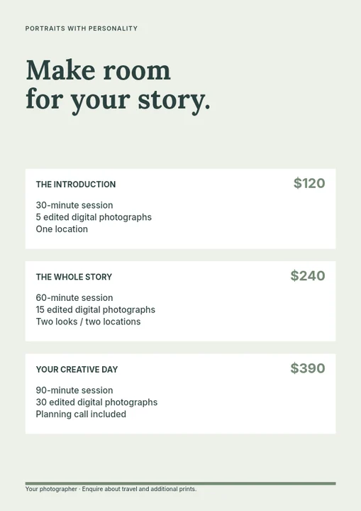 Portrait photography packages price list template