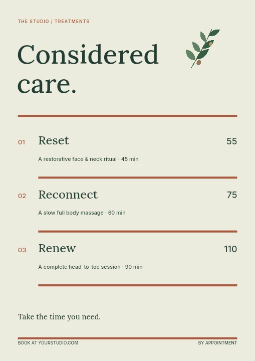 Considered care price list template · Wellness price list