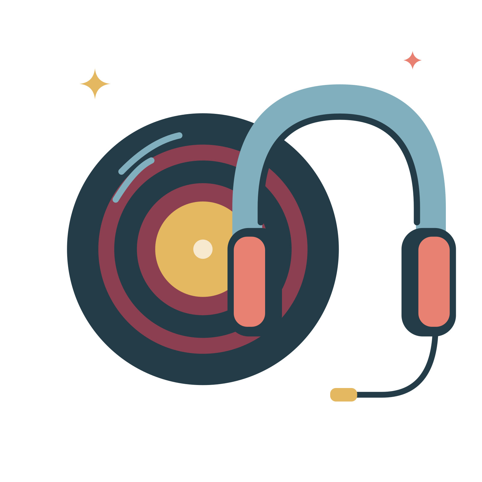 A navy vinyl record with burgundy grooves and a golden centre beside blue headphones with coral ear cushions.